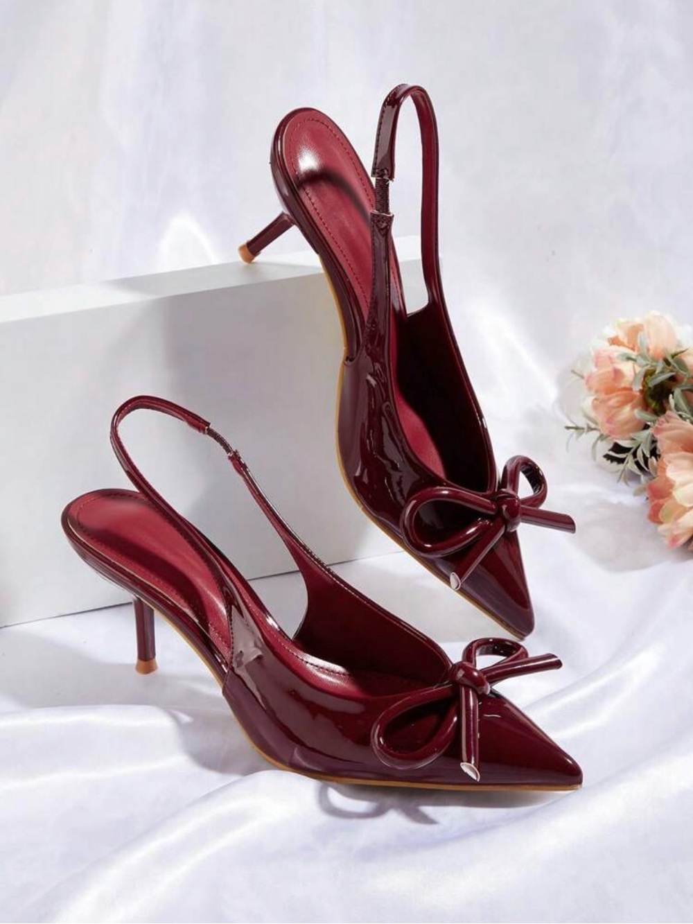 Women's Burgundy Patent Slingback Heels with Bow